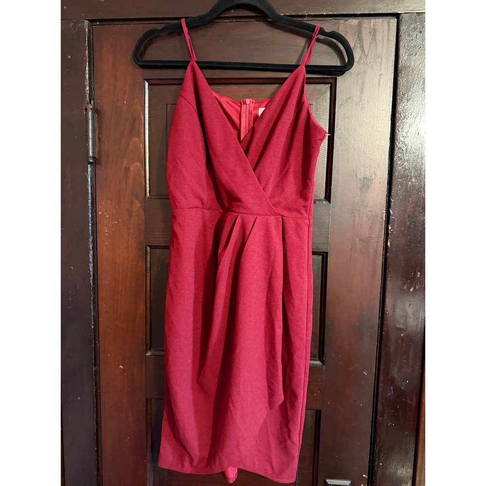 Manydress Burgundy Wine Wrap V-Neck Cocktail Dress Sleeveless Tulip Hem Small